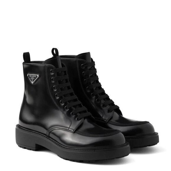 NWT Prada Ankle Boots Spazzolato Black Brushed Leather Lace-up Triangle Logo - Picture 2 of 11